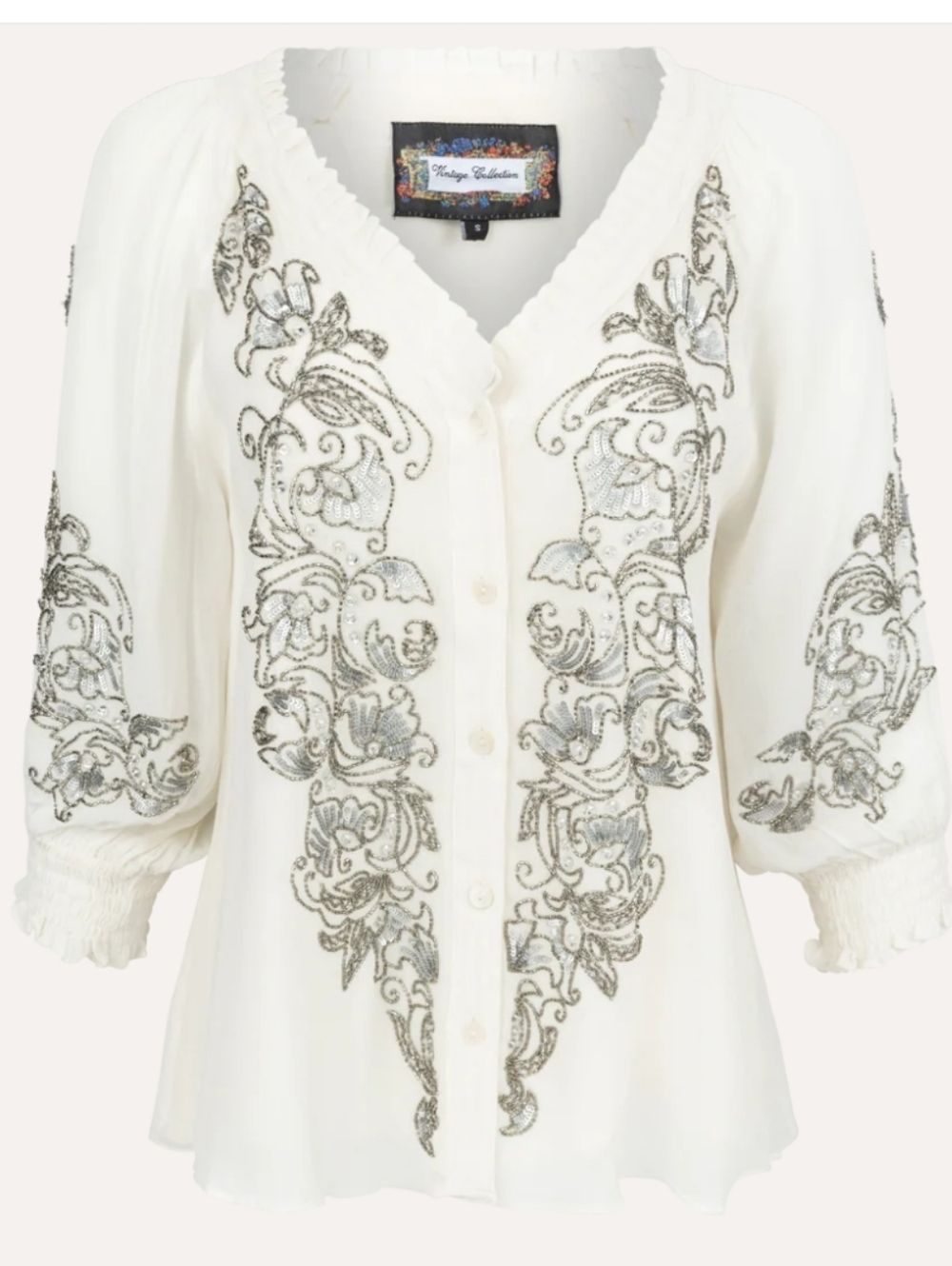 Vintage Collection Beaded Blouse Embroidered White Button-Up Blouse